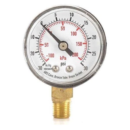 Commercial Compound Gauge, 30 to 0 to 30 psi, 1 1/2 in Dial, 1/8 in NPT, Bottom Location MPN:4FLP7