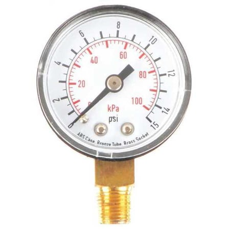 Commercial Pressure Gauge, 0 to 15 psi, 1 1/2 in Dial, 1/8 in NPT, Bottom Location MPN:4FLP8