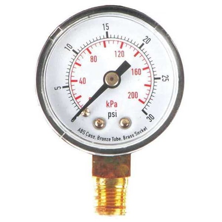 Commercial Pressure Gauge, 0 to 30 psi, 1 1/2 in Dial, 1/8 in NPT, Bottom Location MPN:4FLP9