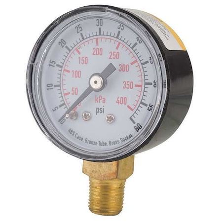 Commercial Pressure Gauge, 0 to 60 psi, 1 1/2 in Dial, 1/8 in NPT, Bottom Location MPN:4FLR1