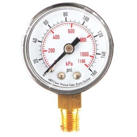 Commercial Pressure Gauge, 0 to 160 psi, 1 1/2 in Dial, 1/8 in NPT, Bottom Location MPN:4FLR3