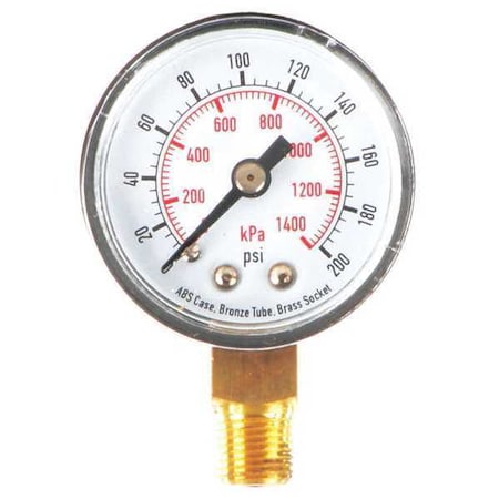 Commercial Pressure Gauge, 0 to 200 psi, 1 1/2 in Dial, 1/8 in NPT, Bottom Location MPN:4FLR4