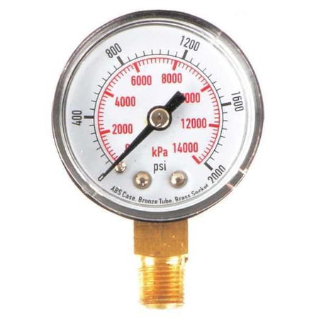 Commercial Pressure Gauge, 0 to 2, 000 psi, 1 1/2 in Dial, 1/8 in NPT, Bottom Location MPN:4FLR9