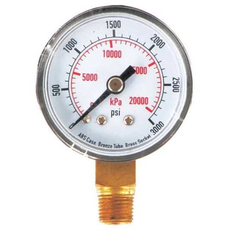 Commercial Pressure Gauge, 0 to 3, 000 psi, 1 1/2 in Dial, 1/8 in NPT, Bottom Location MPN:4FLT1