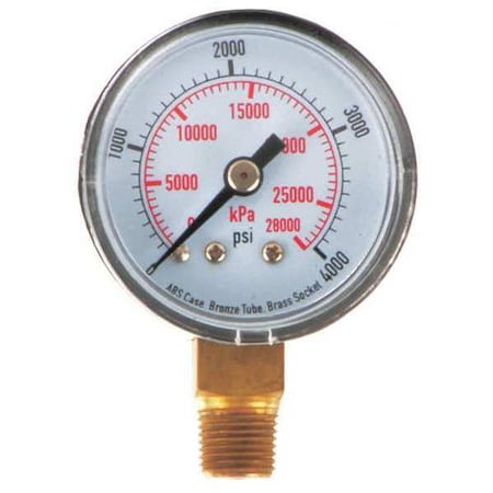 Commercial Pressure Gauge, 0 to 4, 000 psi, 1 1/2 in Dial, 1/8 in NPT, Bottom Location MPN:4FLT2