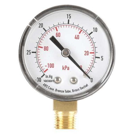 Vacuum Gauge, Commercial, 30 to 0 in Hg, 2 in Dial, 1/4 in NPT Male, Bottom, Plastic MPN:4FLT5