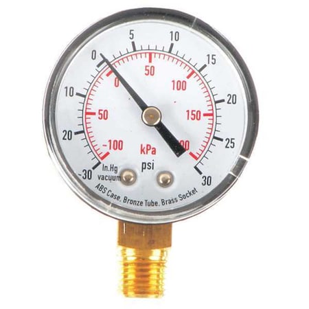 Commercial Compound Gauge, 30 to 0 to 30 psi, 2 in Dial, 1/4 in NPT, Bottom Location MPN:4FLT6