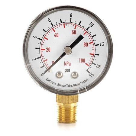 Pressure Gauge, Commercial, 0 to 15 psi, 2 in Dial, 1/4 in MNPT, Bottom Connection, Plastic, Black MPN:4FLT7