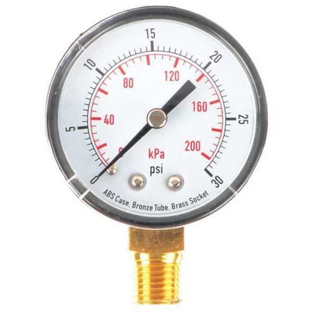 Pressure Gauge, Commercial, 0 to 30 psi, 2 in Dial, 1/4 in MNPT, Bottom Connection, Plastic, Black MPN:4FLT8