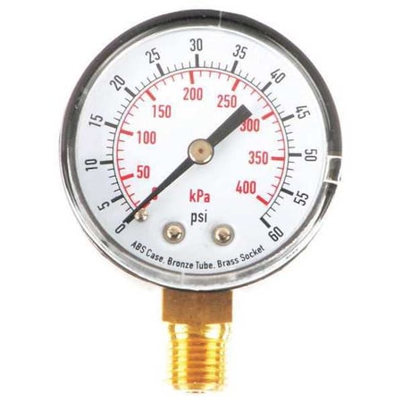 Pressure Gauge, Commercial, 0 to 60 psi, 2 in dial, 1/4 in MNPT, Bottom Connection, Plastic, Black MPN:4FLT9