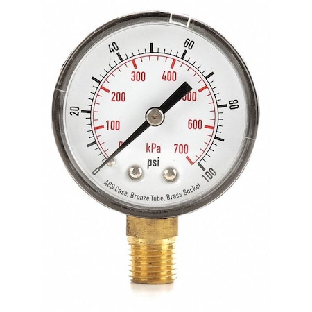Pressure Gauge, Commercial, 0 to 100 psi, 2 in dial, 1/4 in MNPT, Bottom Connection, Plastic, Black MPN:4FLU1