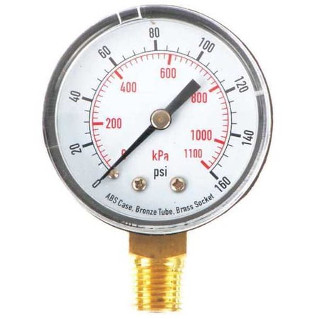 Pressure Gauge, Commercial, 0 to 160 psi, 2 in Dial, 1/4 in MNPT, Bottom Connection, Plastic, Black MPN:4FLU2