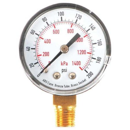 Pressure Gauge, Commercial, 0 to 200 psi, 2 in dial, 1/4 in MNPT, Bottom Connection, Plastic, Black MPN:4FLU3