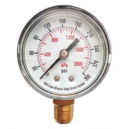 Pressure Gauge, Commercial, 0 to 300 psi, 2 in Dial, 1/4 in MNPT, Bottom Connection, Plastic, Black MPN:4FLU4