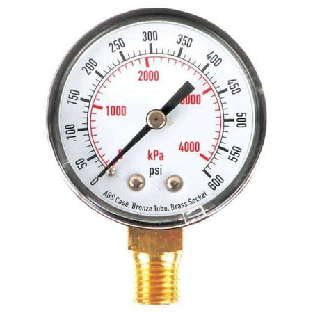 Pressure Gauge, Commercial, 0 to 600 psi, 2 in dial, 1/4 in MNPT, Bottom Connection, Plastic, Black MPN:4FLU6