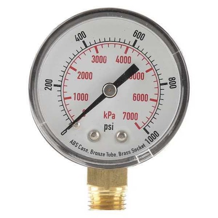 Pressure Gauge, Commercial, 0 to 1000 psi, 2 in Dial, 1/4 in MNPT, Bottom Connection, Plastic, Black MPN:4FLU7