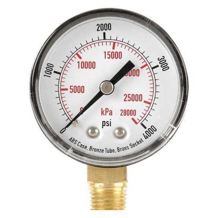 Pressure Gauge, Commercial, 0 to 4000 psi, 2 in dial, 1/4 in MNPT, Bottom Connection, Plastic, Black MPN:4FLV1