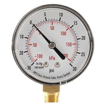 Commercial Compound Gauge, 30 to 0 to 30 psi, 2 1/2 in Dial, 1/4 in NPT, Bottom Location MPN:4FLV5