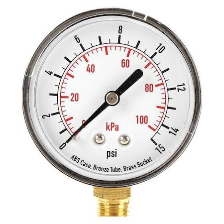 Commercial Pressure Gauge, 0 to 15 psi, 2 1/2 in Dial, 1/4 in NPT, Bottom Location MPN:4FLV6
