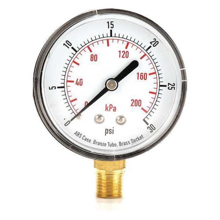 Commercial Pressure Gauge, 0 to 30 psi, 2 1/2 in Dial, 1/4 in NPT, Bottom Location MPN:4FLV7