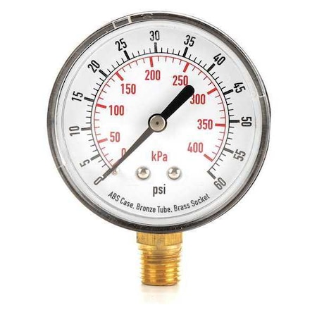 Commercial Pressure Gauge, 0 to 60 psi, 2 1/2 in Dial, 1/4 in NPT, Bottom Location MPN:4FLV8