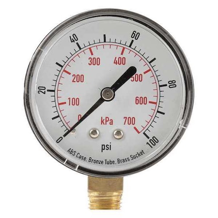 Commercial Pressure Gauge, 0 to 100 psi, 2 1/2 in Dial, 1/4 in NPT, Bottom Location MPN:4FLV9