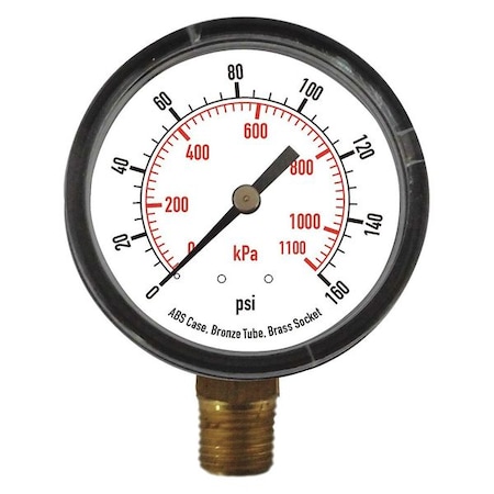 Commercial Pressure Gauge, 0 to 160 psi, 2 1/2 in Dial, 1/4 in NPT, Bottom Location MPN:4FLW1
