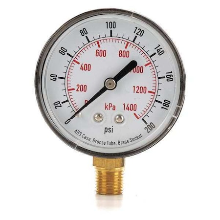 Commercial Pressure Gauge, 0 to 200 psi, 2 1/2 in Dial, 1/4 in NPT, Bottom Location MPN:4FLW2