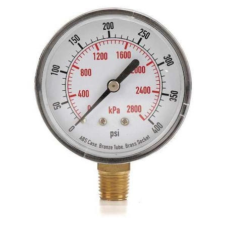 Commercial Pressure Gauge, 0 to 400 psi, 2 1/2 in Dial, 1/4 in NPT, Bottom Location MPN:4FLW4