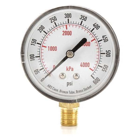 Commercial Pressure Gauge, 0 to 600 psi, 2 1/2 in Dial, 1/4 in NPT, Bottom Location MPN:4FLW5