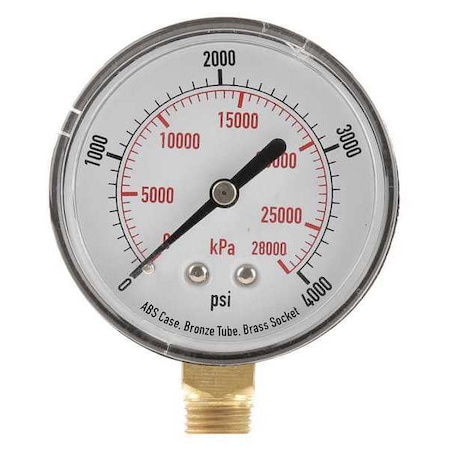 Commercial Pressure Gauge, 0 to 4, 000 psi, 2 1/2 in Dial, 1/4 in NPT, Bottom Location MPN:4FLW9