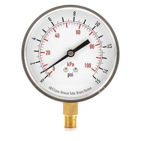 Commercial Pressure Gauge, 0 to 15 psi, 3 1/2 in Dial, 1/4 in NPT, Bottom Location MPN:4FLX5