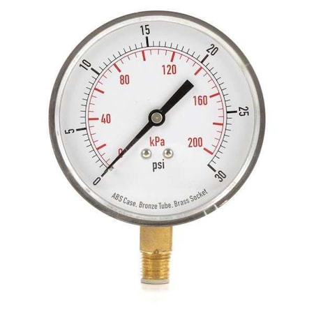 Commercial Pressure Gauge, 0 to 30 psi, 3 1/2 in Dial, 1/4 in NPT, Bottom Location MPN:4FLX6