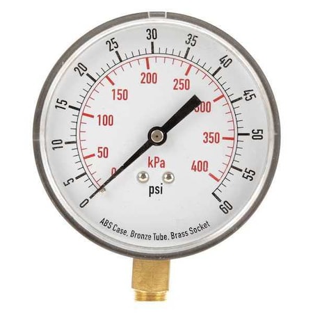 Commercial Pressure Gauge, 0 to 60 psi, 3 1/2 in Dial, 1/4 in NPT, Bottom Location MPN:4FLX7