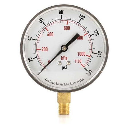 Commercial Pressure Gauge, 0 to 160 psi, 3 1/2 in Dial, 1/4 in NPT, Bottom Location MPN:4FLX9