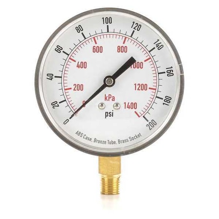 Commercial Pressure Gauge, 0 to 200 psi, 3 1/2 in Dial, 1/4 in NPT, Bottom Location MPN:4FLY1