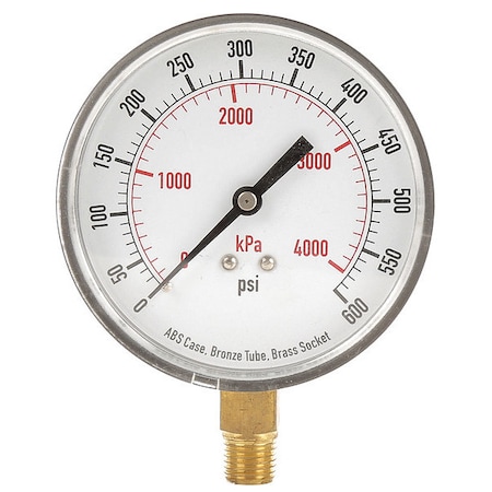 Commercial Pressure Gauge, 0 to 600 psi, 3 1/2 in Dial, 1/4 in NPT, Bottom Location MPN:4FLY4