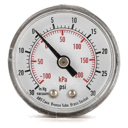 Commercial Compound Gauge, 30 to 0 to 30 psi, 1 1/2 in Dial, 1/8 in NPT, Center Back Location MPN:4FLZ3