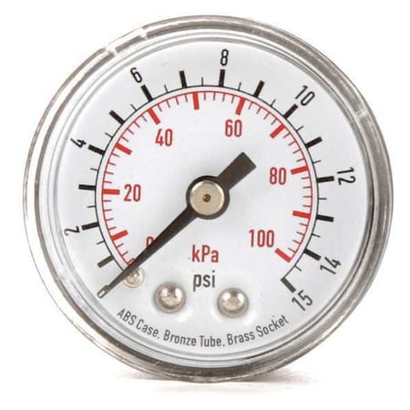 Pressure Gauge, Commercial, 0 to 15 psi, 1 1/2 in Dial, 1/8 in MNPT, Plastic, Black MPN:4FLZ4