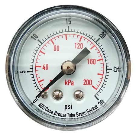 Pressure Gauge, Commercial, 0 to 30 psi, 1 1/2 in Dial, 1/8 in MNPT, Plastic, Black MPN:4FLZ5