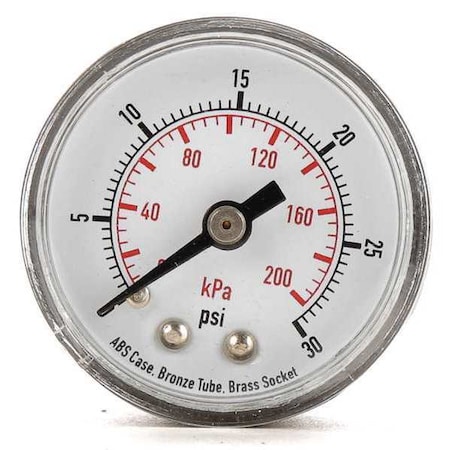 Pressure Gauge, Commercial, 0 to 60 psi, 1 1/2 in Dial, 1/8 in MNPT, Plastic, Black MPN:4FLZ6