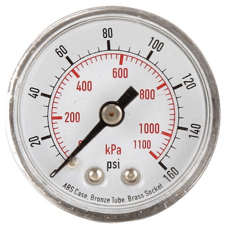 Pressure Gauge, Commercial, 0 to 160 psi, 1 1/2 in Dial, 1/8 in MNPT, Plastic, Black MPN:4FLZ8