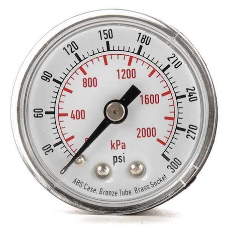 Pressure Gauge, Commercial, 0 to 300 psi, 1 1/2 in Dial, 1/8 in MNPT, Plastic, Black MPN:4FMA1