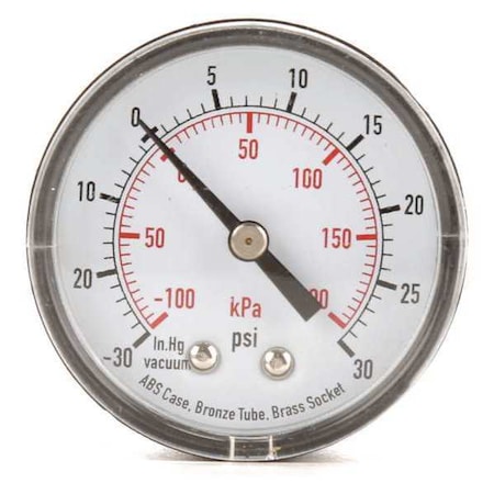 Commercial Compound Gauge, 30 to 0 to 30 psi, 2 in Dial, 1/4 in NPT, Center Back Location MPN:4FMC2