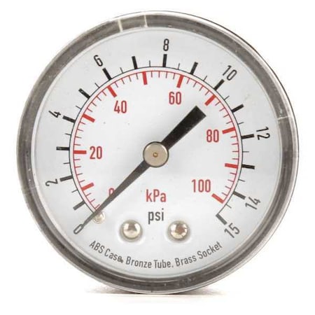 Pressure Gauge, Commercial, 0 to 15 psi, 2 in Dial, Acrylic Lens, 1/4 in MNPT, Plastic, Black MPN:4FMC3