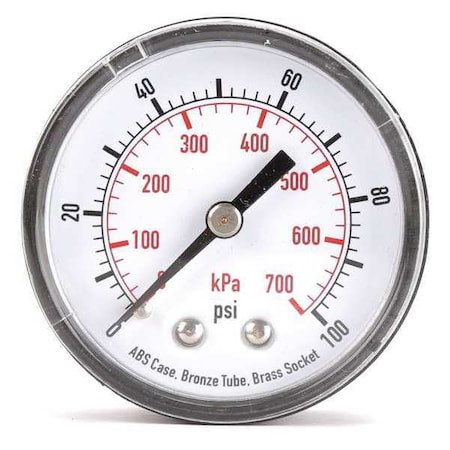 Pressure Gauge, Commercial, 0 to 100 psi, 2 in Dial, Acrylic Lens, 1/4 in MNPT, Plastic, Black MPN:4FMC6