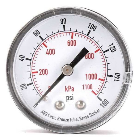 Pressure Gauge, Commercial, 0 to 160 psi, 2 in Dial, Acrylic Lens, 1/4 in MNPT, Plastic, Black MPN:4FMC7