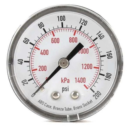 Pressure Gauge, Commercial, 0 to 200 psi, 2 in Dial, Acrylic Lens, 1/4 in MNPT, Plastic, Black MPN:4FMC8