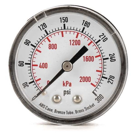 Pressure Gauge, Commercial, 0 to 300 psi, 2 in Dial, Acrylic Lens, 1/4 in MNPT, Plastic, Black MPN:4FMC9
