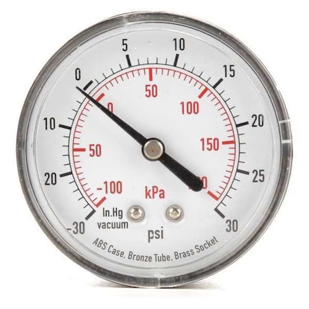 Commercial Compound Gauge, 30 to 0 to 30 psi, 2 1/2 in Dial, 1/4 in NPT, Center Back Location MPN:4FME1